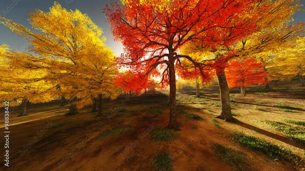 autumn forest landscape 3d illustration