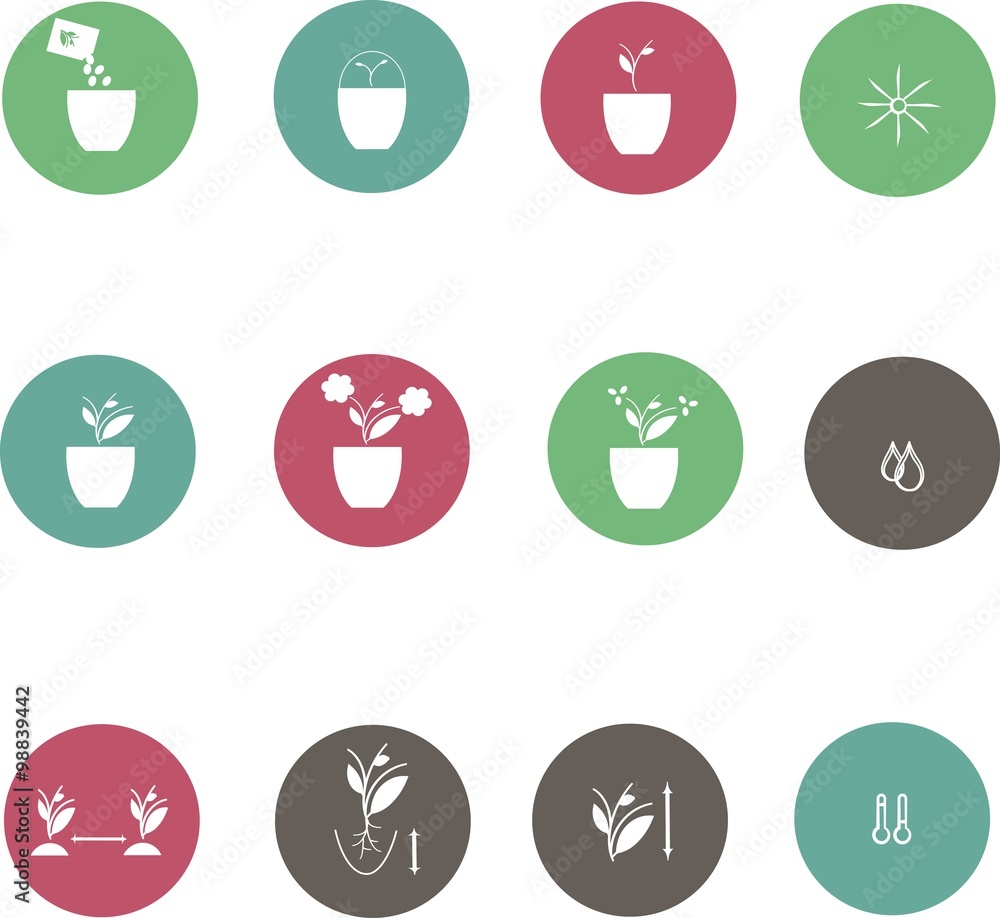Icons of farming cultivation of seeds and plants. White mark on a cool pastel background, circles, red, green, blue, grey, flat design, vector