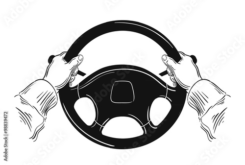 hands on car steering wheel isolated on white background