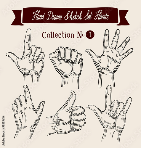 Hand drawn sketch set hands gestures. Vector illustration