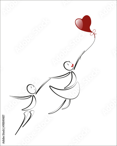 lover boy and girl with red heart balloon, cartoon, illustration