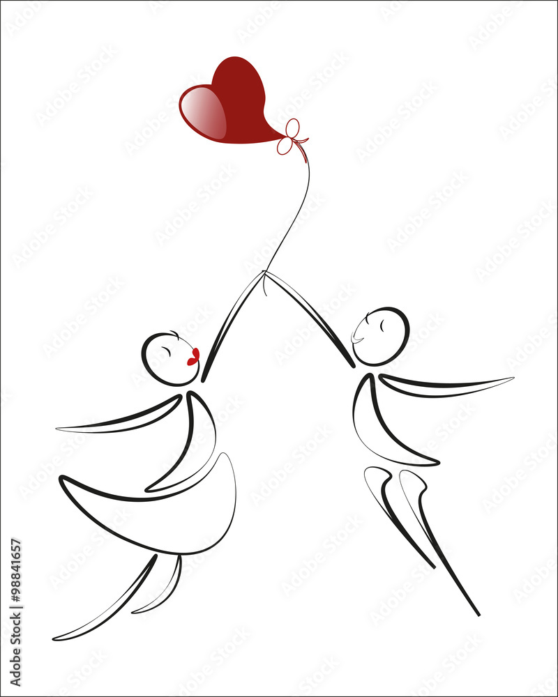 Lover Boy And Girl Play With Red Heart Balloon Cartoon Illustr Stock Vector Adobe Stock