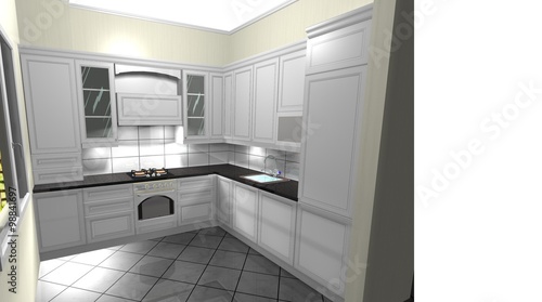 kitchen white in a classic style  interior design 3D rendering