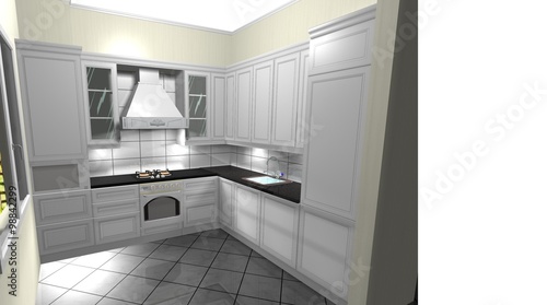 white kitchen in a classic style, interior design 3D rendering