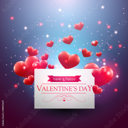 Valentines day card with hearts on a blue background.