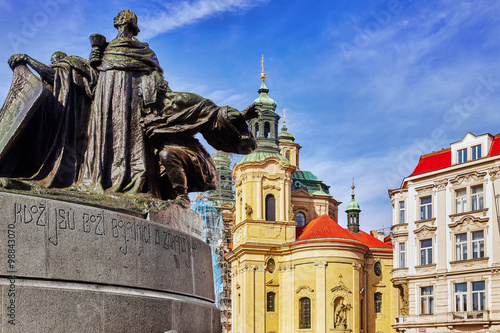 Church of St Nicholas and Jan Hus monumenton historic square the photo