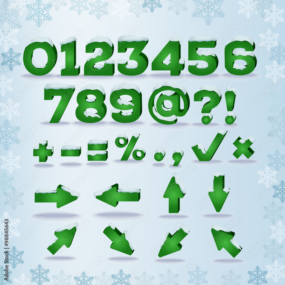 Winter alphabet with snow cap effect. Part 2. Numbers, symbols and arrows. EPS 10 vector illustration, transparent shadow Winter alphabet with snow cap effect. Part 2. Numbers, symbols and arrows. EPS 10 vector illustration, transparent shadow