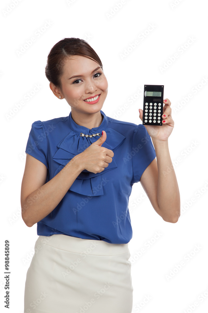 Asian business woman thumbs up with calculator Asian business woman thumbs up with calculator