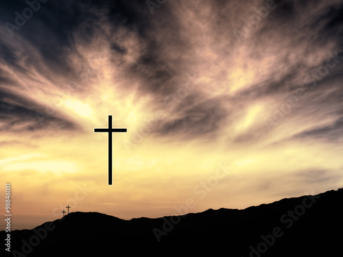 Easter Christian background, Crosses, landscape, He is risen.