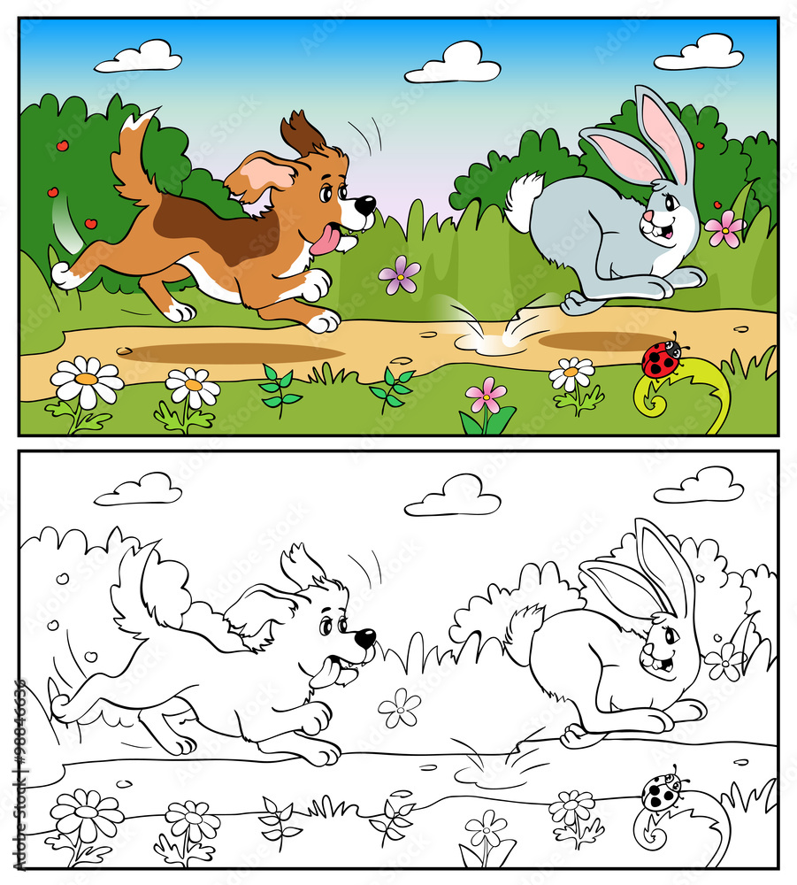 Fototapeta premium Coloring book or page. Dog in the meadow chasing a rabbit.