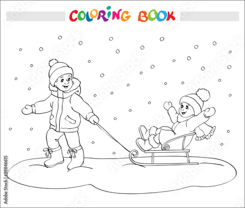 Coloring book or page. Two kids - boy and girl on sled.