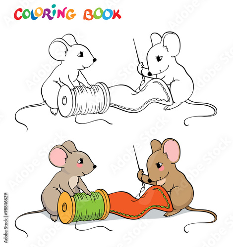 Coloring book or page. One mouse sewing needle, the other holding a spool of thread.