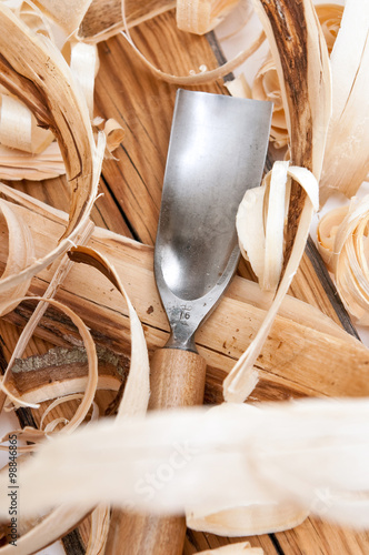 Wall Mural Tool Chisel. Wood shavings in a carpenter's masterpiece.