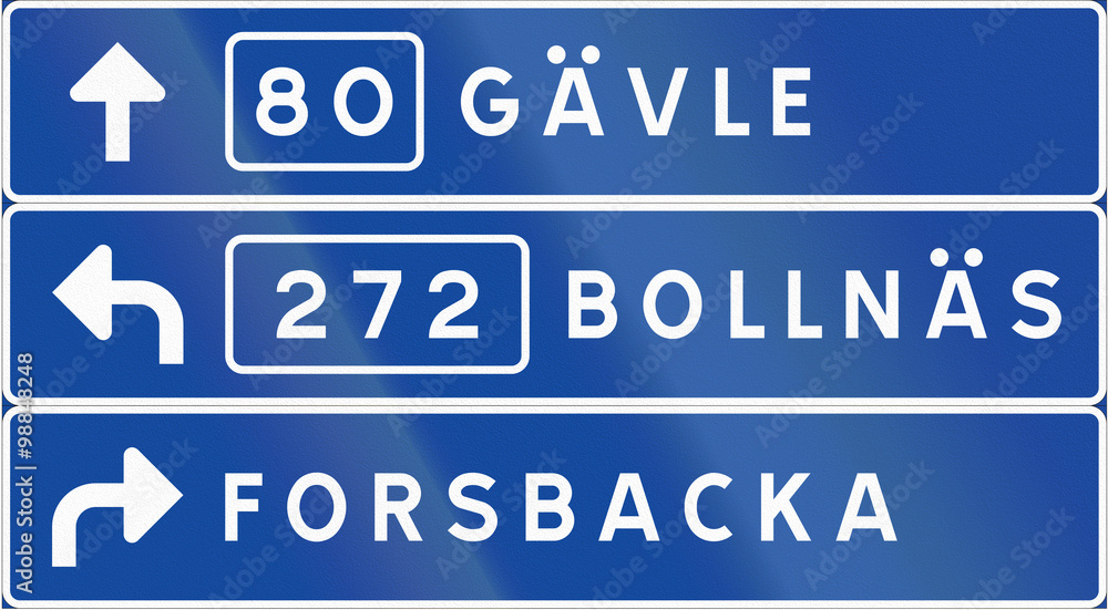 Road sign used in Sweden - Advance direction sign, stack type Road sign used in Sweden - Advance direction sign, stack type