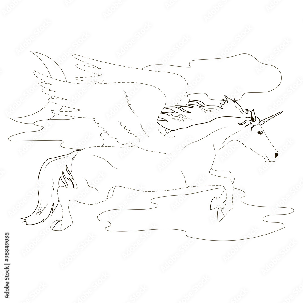 Coloring by the dotted line Pegasus Coloring by the dotted line Pegasus