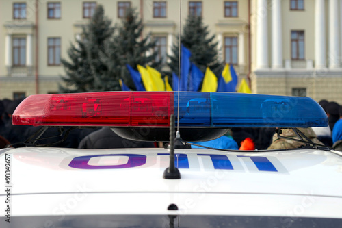 Blue and red flashing sirens of police car, Ukraine