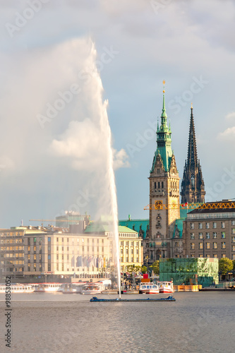Panorama Hamburg city center with the Town Hall and a fountain.