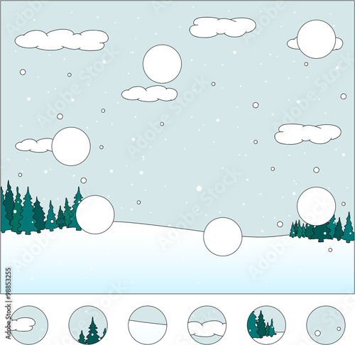 Winter forest: complete the puzzle and find the missing parts of