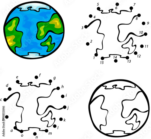 Cartoon planet Earth. Vector illustration. Coloring and dot to d