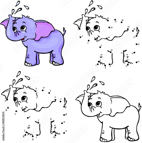 Cartoon elephant. Vector illustration. Coloring and dot to dot g