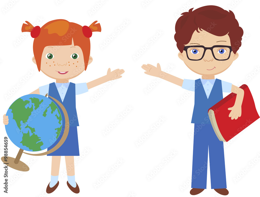Boy and girl in school uniform. Schoolgirl with a globe and stud Boy and girl in school uniform. Schoolgirl with a globe and stud