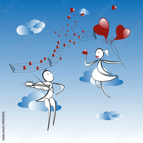 boy plays the violin in the sky, girl with red hearts baloons, blue background 