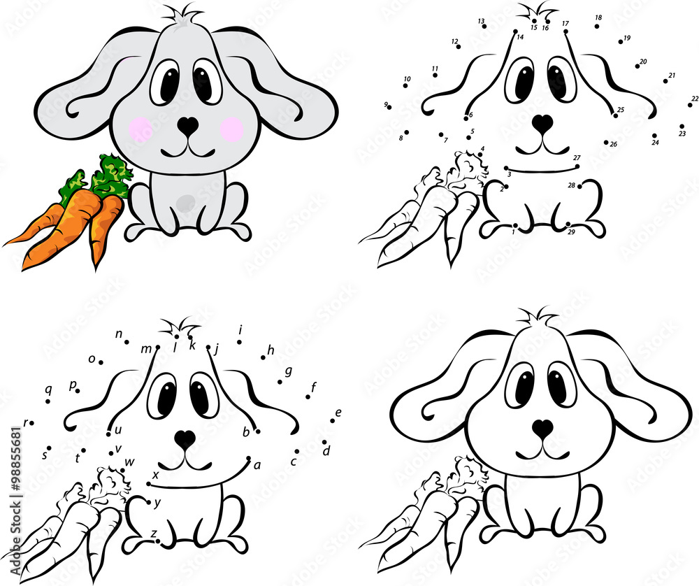 Cartoon hare with carrot. Vector illustration. Coloring and dot