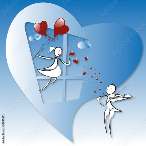 boy plays the violin in the sky, girl on the window with red hea