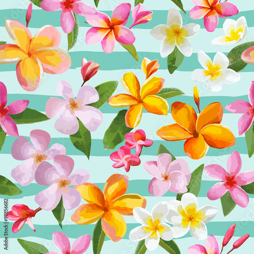 Tropical Flowers and Leaves Geometric Background