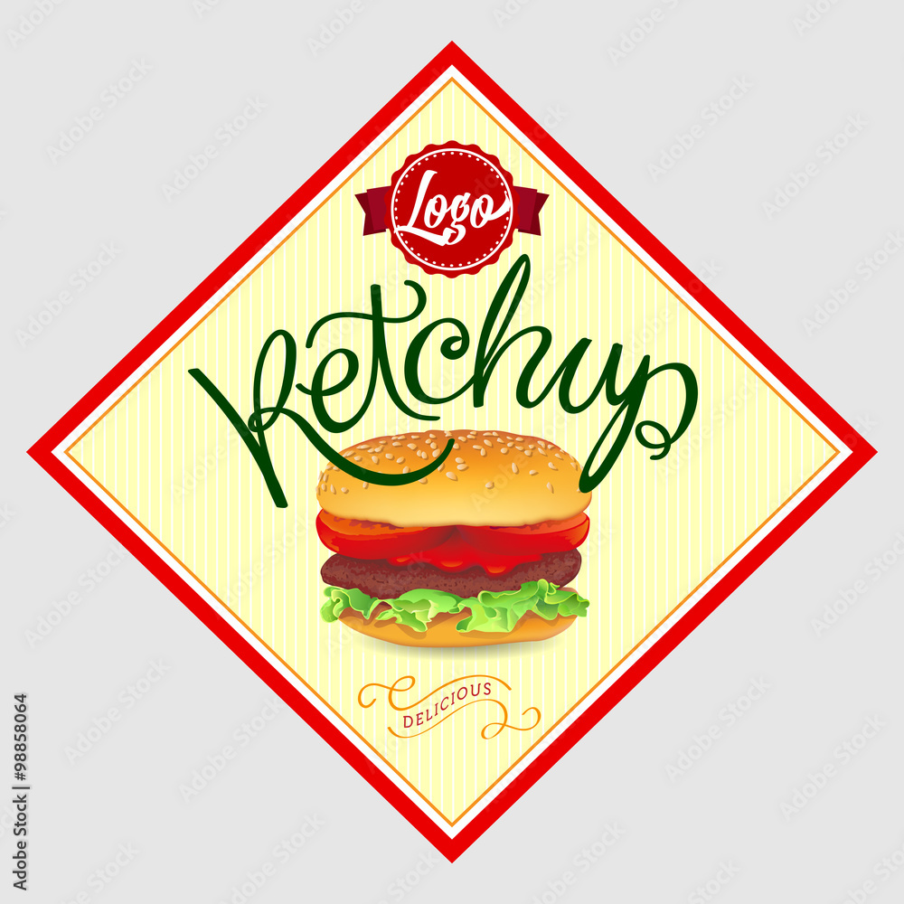 Tomato Ketchup Label. Vector Illustration with Hand Lettered Text and Hamburger Illustration. Tomato Ketchup Label. Vector Illustration with Hand Lettered Text and Hamburger Illustration.