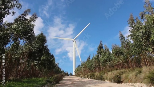Wind turbine, vegetation, blue sky