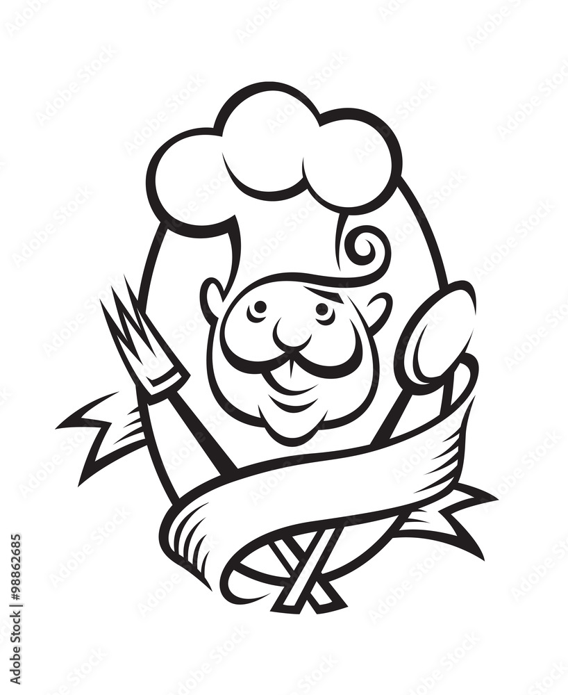 monochrome illustration of a chef with spoon, fork and ribbon