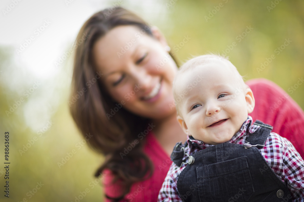 Little Baby Boy Having Fun With Mommy Outdoors Little Baby Boy Having Fun With Mommy Outdoors