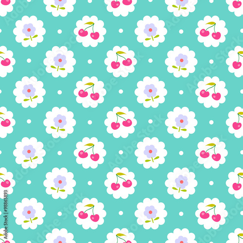 Seamless pattern with sweet cherry and flower. Shabby chic style