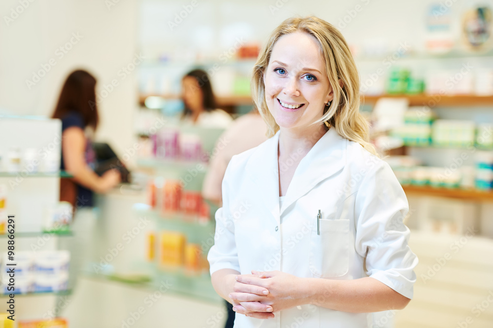 pharmacist chemist woman working in pharmacy drugstore