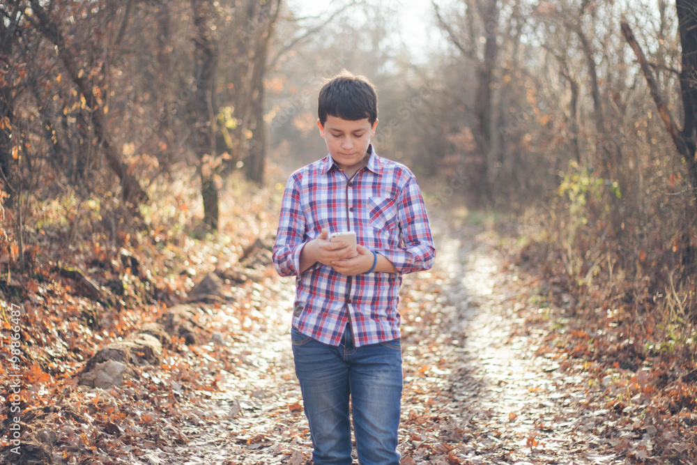 Teenage boy with mobile phone in a sunny autumn day Teenage boy with mobile phone in a sunny autumn day