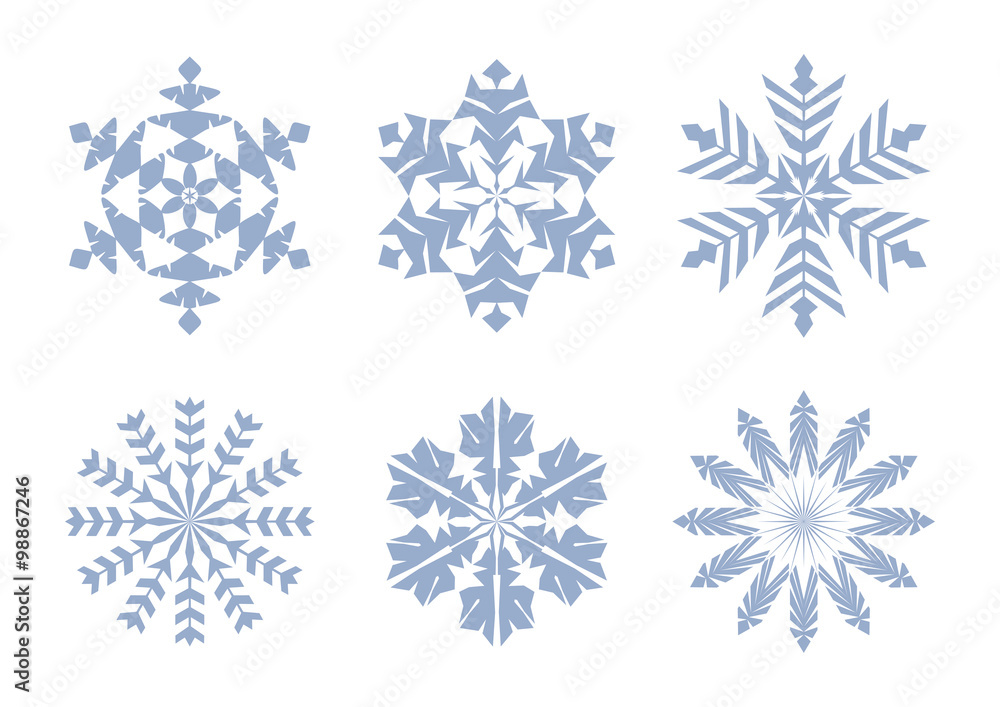 Blue snowflakes set in flat style. Winter modern icons. Vector illustration