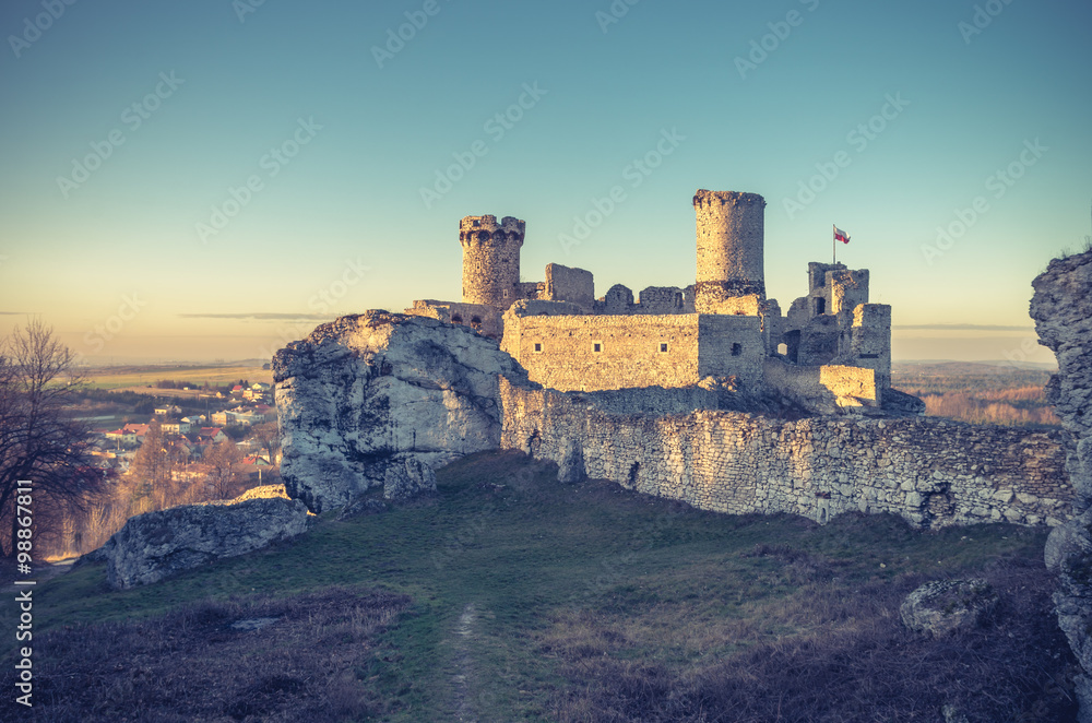 Ruins of medieval castle in Ogrodzieniec, Poland, late afternoon, vintage look
