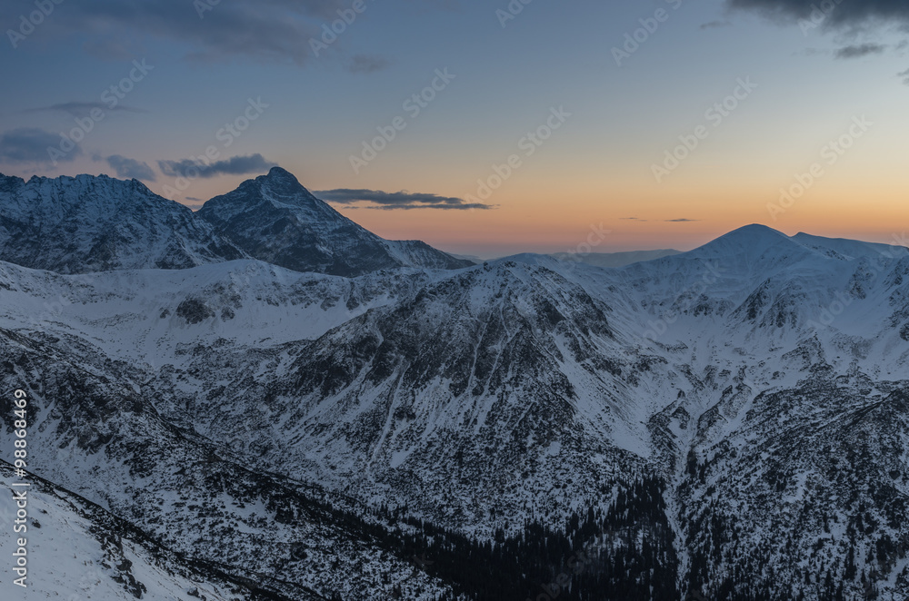 Mountain sunset panorama at winter in High Tatras - Slovakia