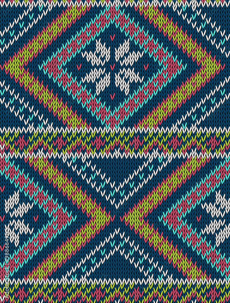 Knitted bright seamless winter holiday pattern with stylized nordic sweater ornament. Clothing design. Vector illustration.