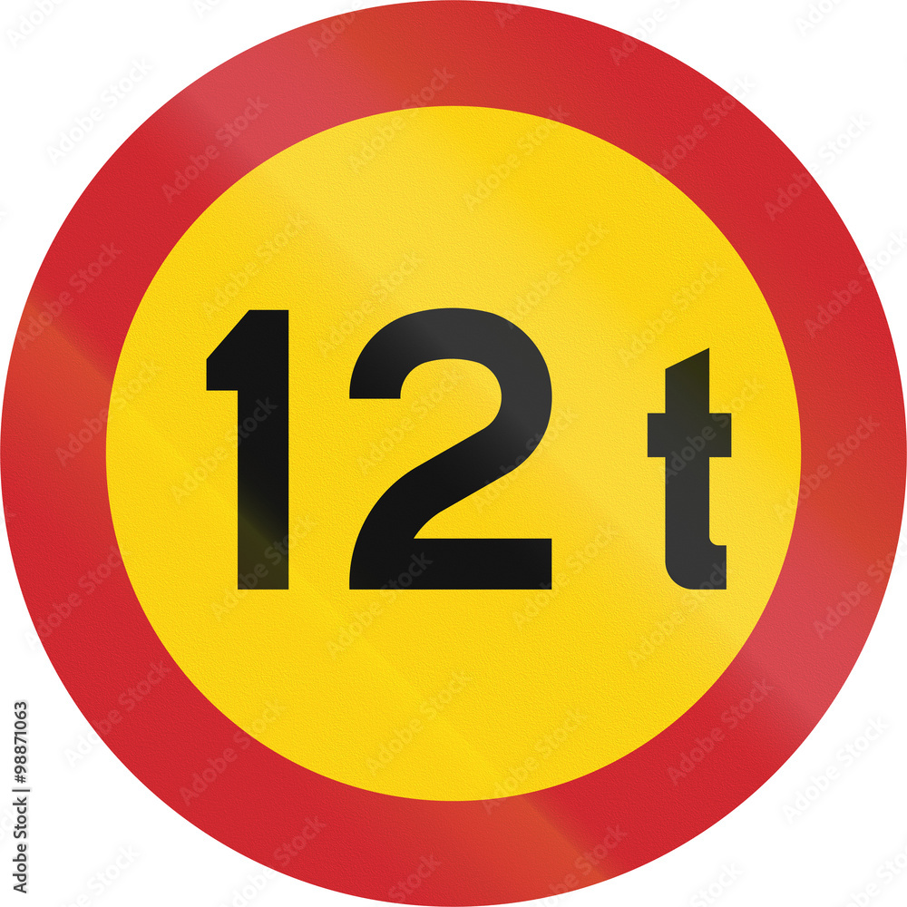 Road sign used in Sweden - No vehicles exceeding 12 tonnes weight Road sign used in Sweden - No vehicles exceeding 12 tonnes weight