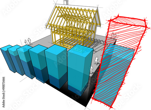 simple detached house with wooden framework construction with abstract business diagram and hand drawn sketch over last diagram bar