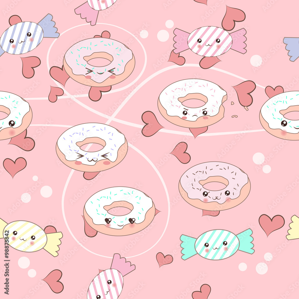 Funny vector patterт with cute cartoon donut and candy characters . Funny vector patterт with cute cartoon donut and candy characters .