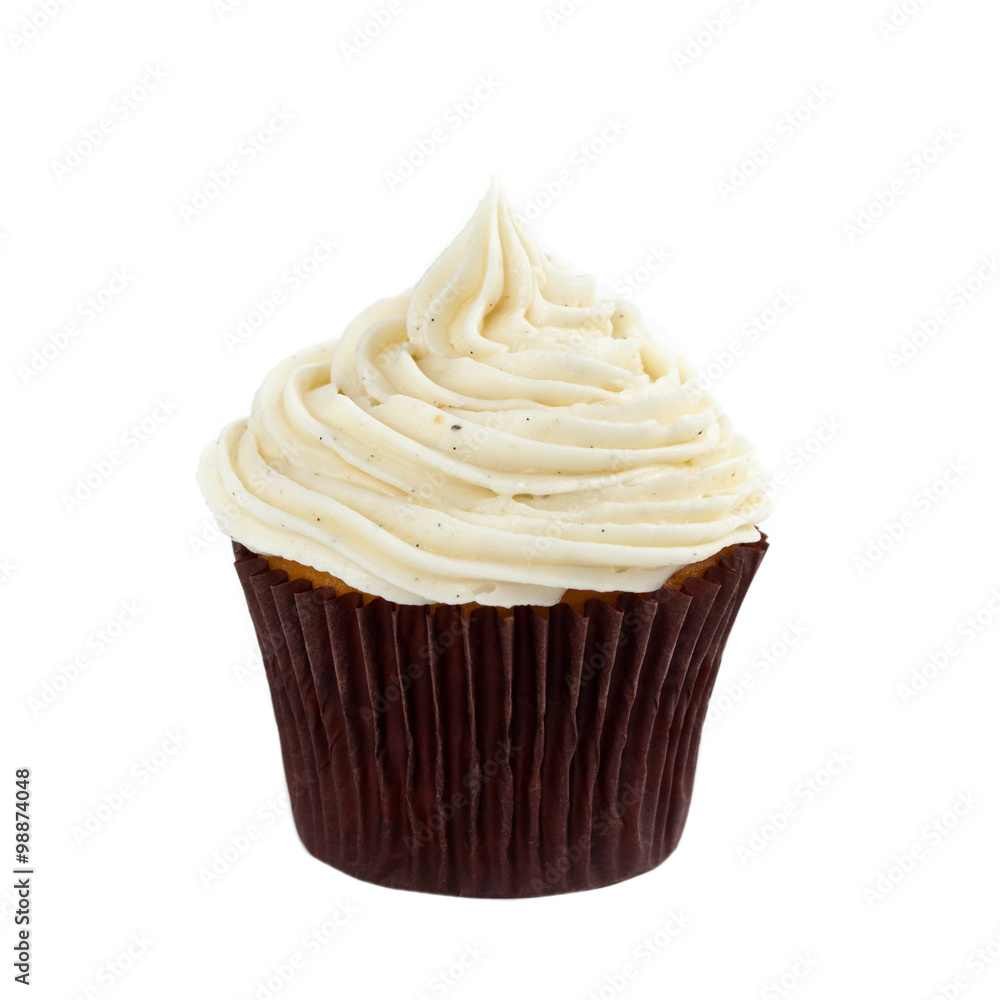 Cupcake with Vanilla Bean Cream on White Background. Selective focus. Cupcake with Vanilla Bean Cream on White Background. Selective focus.