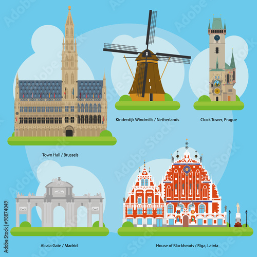 Monuments and landmarks in Europe Set 3: Town Hall (Brussels), Kinderdijk Windmills (Netherlands), Clock Tower (Prague), Alcala Gate (Madrid) and House of the Blackheads (Riga). photo