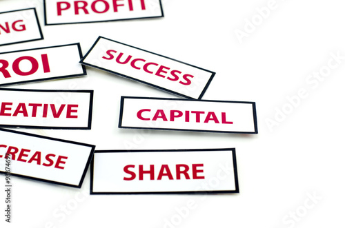 business motivation word CAPITAL, SUCCESS, and SHARE  printed on paper with red color isolated on white background