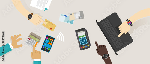 payment option top desk mobile NFC rfid credit card edc online buy transaction vector illustration cash contact less