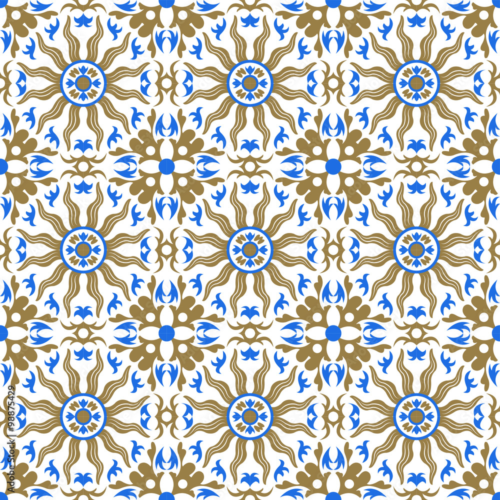 Seamless background image of vintage golden sun blue kaleidoscope pattern.
