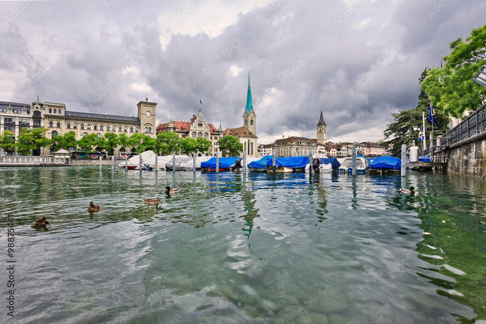 Picturesque old town seen from the river, Zurich, Switzerland