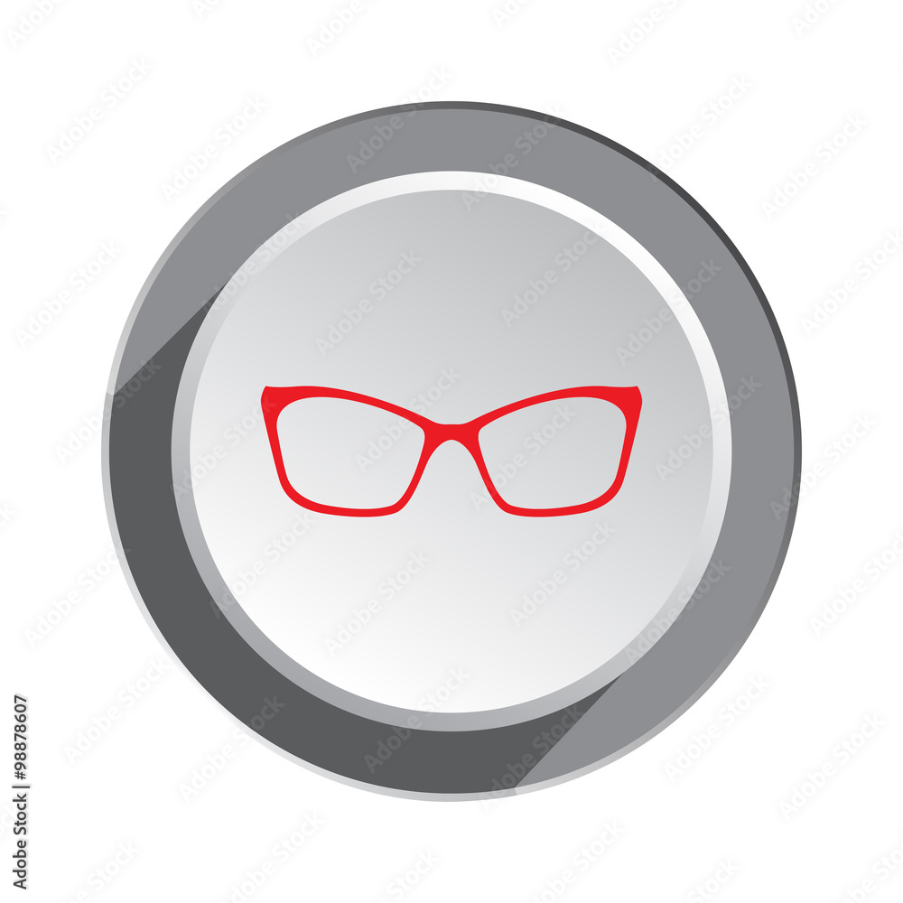 Eye glasses. Optical glass appliance for vision. Red silhouette on round button with shadow. Vector isolated Eye glasses. Optical glass appliance for vision. Red silhouette on round button with shadow. Vector isolated